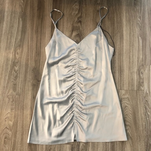 Reformation 100% Silk Silver Ruched Mini Slip Dress 90's L